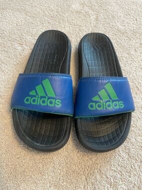 Adidas Kids Blue Slides with Green Logo Accents